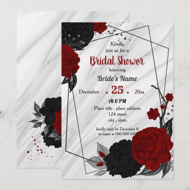 Black & red floral geometric bridal shower invitation (Front/Back)