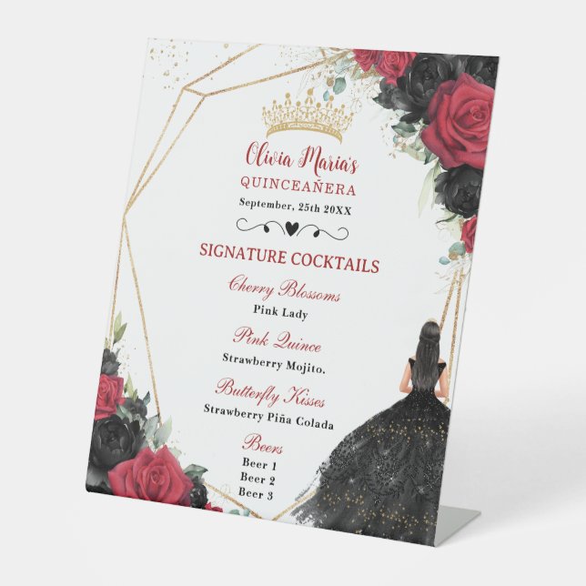 Black Red Floral Gold Quinceañera Cocktails Menu Pedestal Sign (Front)