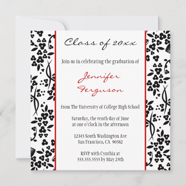 Black red floral graduation party announcement (Front)