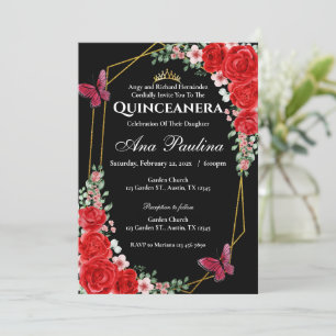 Black Red Floral Quinceañera Invitation