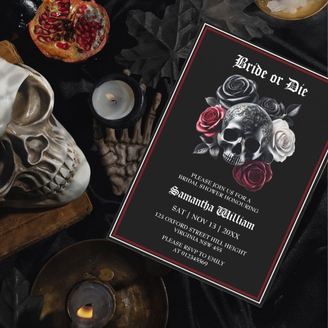 Black Red Floral Skull Halloween Bridal Shower Invitation (Creator Uploaded)