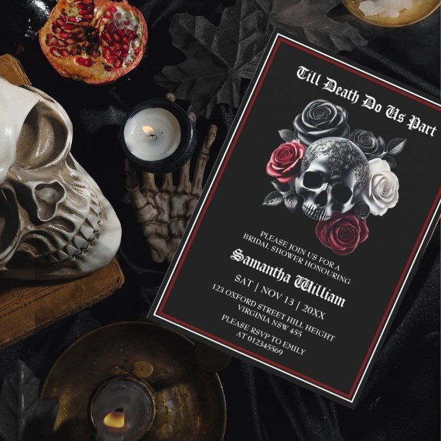 Black Red Floral Skull Halloween Bridal Shower Invitation (Creator Uploaded)
