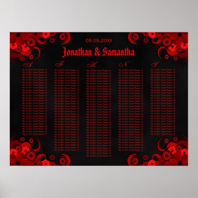 Black & Red Floral Wedding Table Seating Chart (Front)