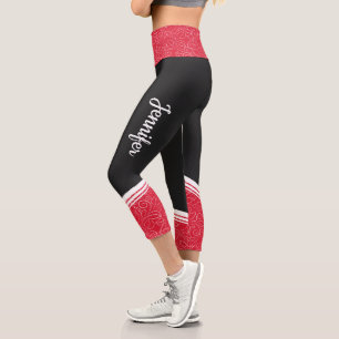 black & red floral white stripes and name modern capri leggings