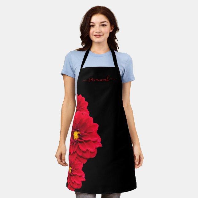 Black red florals name apron (Worn)