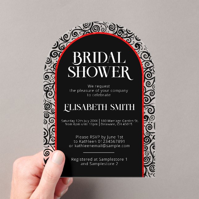 Black Red Flourish Dark Gothic Witch Bridal Shower Acrylic Invitations (Insitu (Handheld))