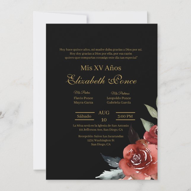 Black Red flower Quinceanera invitation (Front)