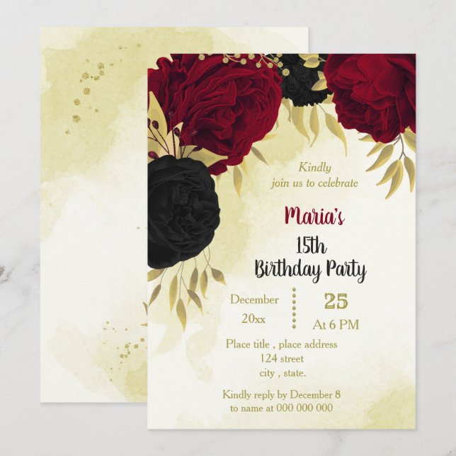 black red flowers gold leaves birthday  invitation (Front/Back)