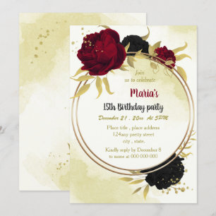 black red flowers gold leaves birthday  invitation