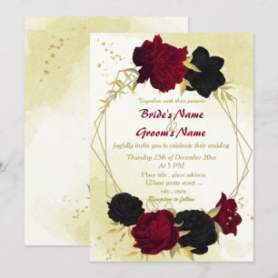 black red flowers gold leaves geometric wedding invitation