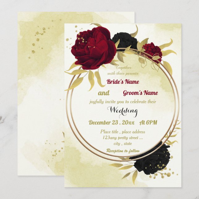 black red flowers gold leaves geometric wedding invitation (Front/Back)