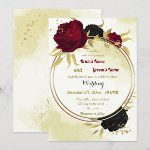 black red flowers gold leaves geometric wedding invitation