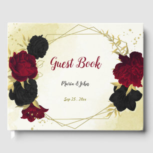 black red flowers gold leaves guest book