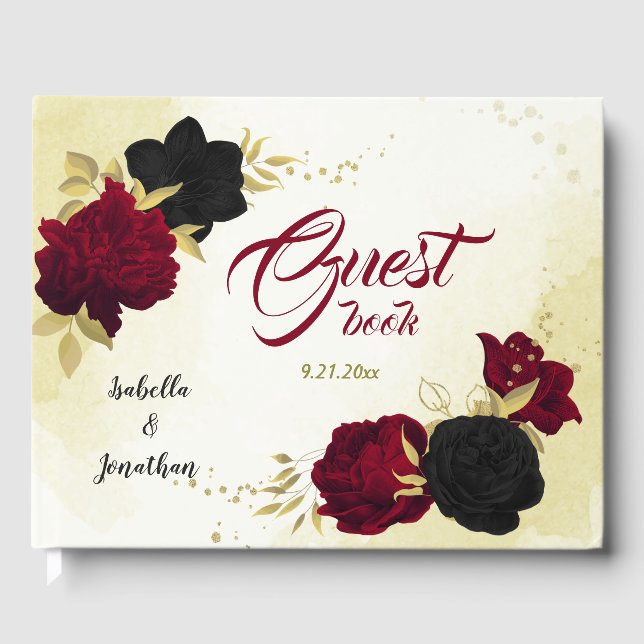 black red flowers gold leaves guest book (Front)