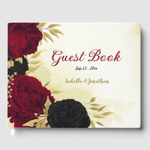 black red flowers gold leaves guest book