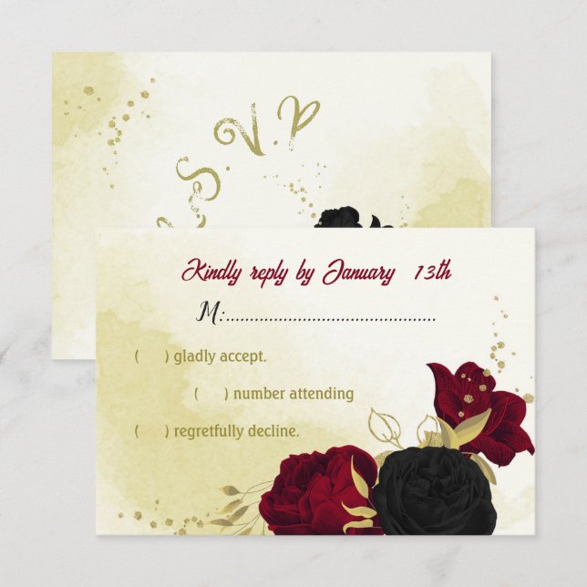 black red flowers gold leaves RSVP card (Front/Back)