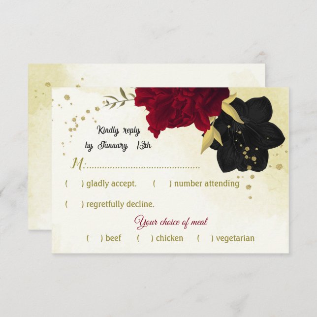 black red flowers gold leaves RSVP card (Front/Back)