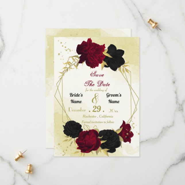 black red flowers gold leaves save the date (Front/Back In Situ)