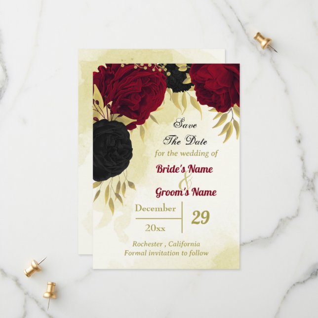 black red flowers gold leaves save the date (Front/Back In Situ)