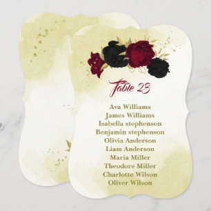 black red flowers gold leaves seating chart card