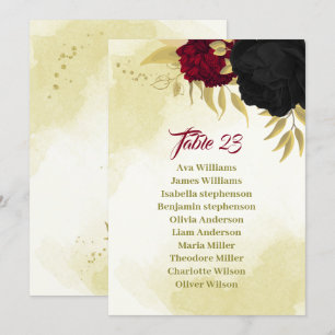 black red flowers gold leaves seating chart card