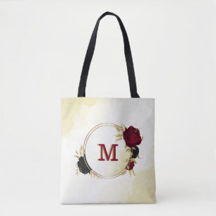 black red flowers gold leaves tote bag