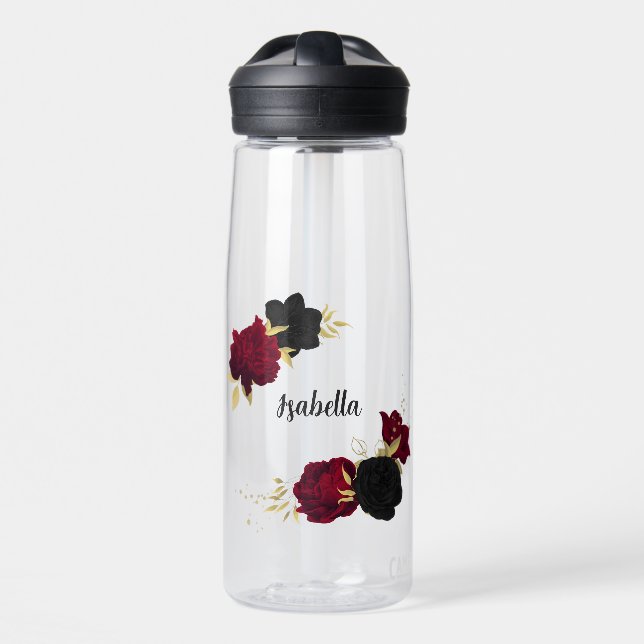 black red flowers gold leaves water bottle (Front)