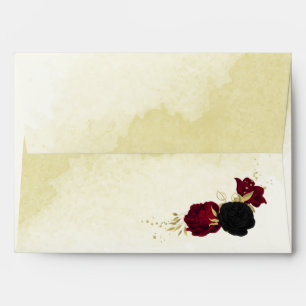 black red flowers gold leaves wedding envelope