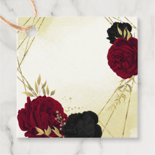 black red flowers gold leaves wedding favour tags