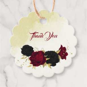 black red flowers gold leaves wedding favour tags