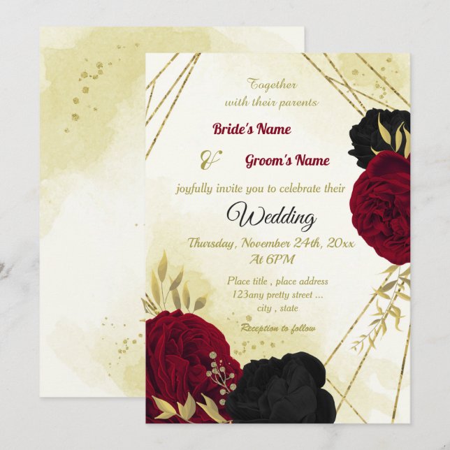 black red flowers gold leaves wedding invitation (Front/Back)