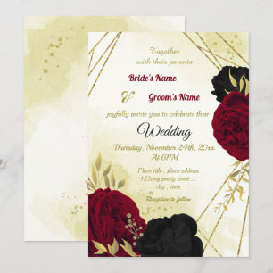 black red flowers gold leaves wedding invitation