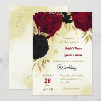 black red flowers gold leaves wedding invitation