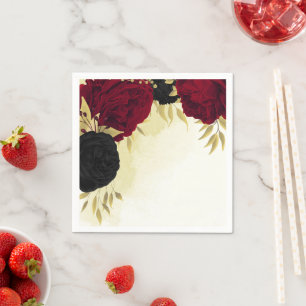 black red flowers gold leaves wedding napkin