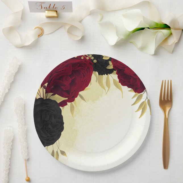 black red flowers gold leaves wedding paper plate (Wedding)