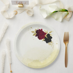 black red flowers gold leaves wedding paper plate