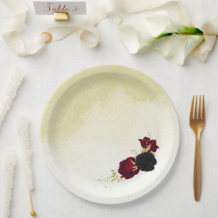 black red flowers gold leaves wedding paper plate