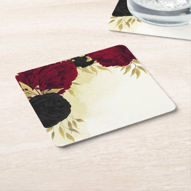 black red flowers gold leaves wedding square paper coaster (Angled)