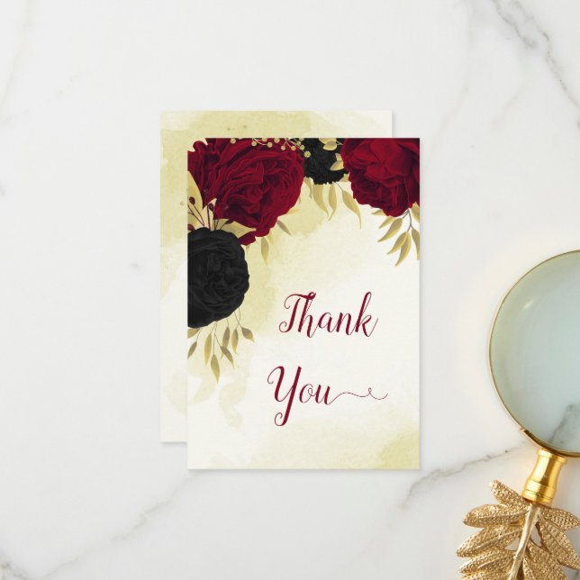 black red flowers gold leaves wedding thank you card (Front/Back In Situ)