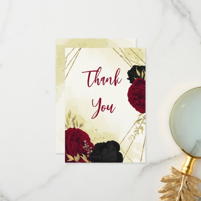 black red flowers gold leaves wedding thank you card (Front/Back In Situ)
