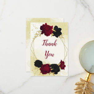 black red flowers gold leaves wedding thank you card
