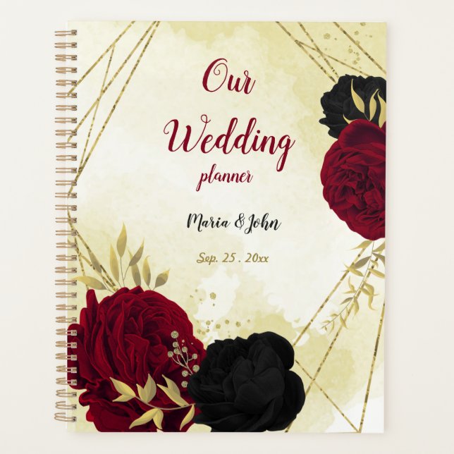 Black & red flowers gold wedding planner (Front)
