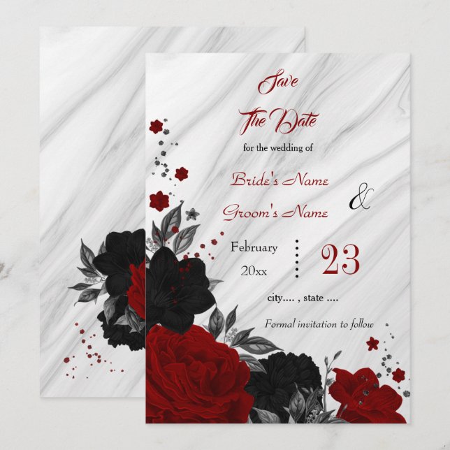 black red flowers grey leaves marble  save the date (Front/Back)