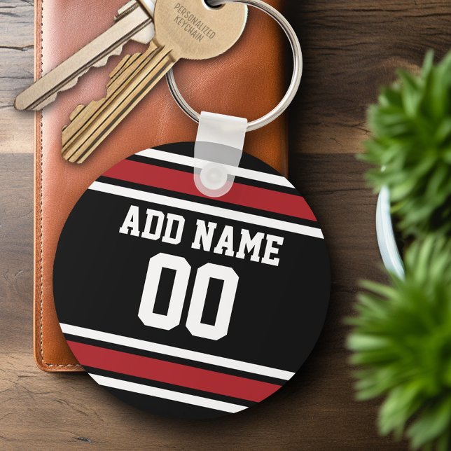 Black Red Football Jersey Custom Name Number Key Ring (Personalized Keychain - Sports Jersey Football Theme)