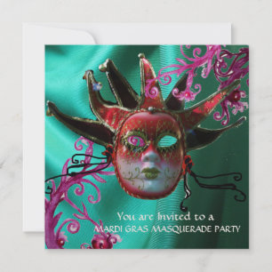 BLACK RED FUCHSIA JESTER MASK ,Masquerade Party Invitation