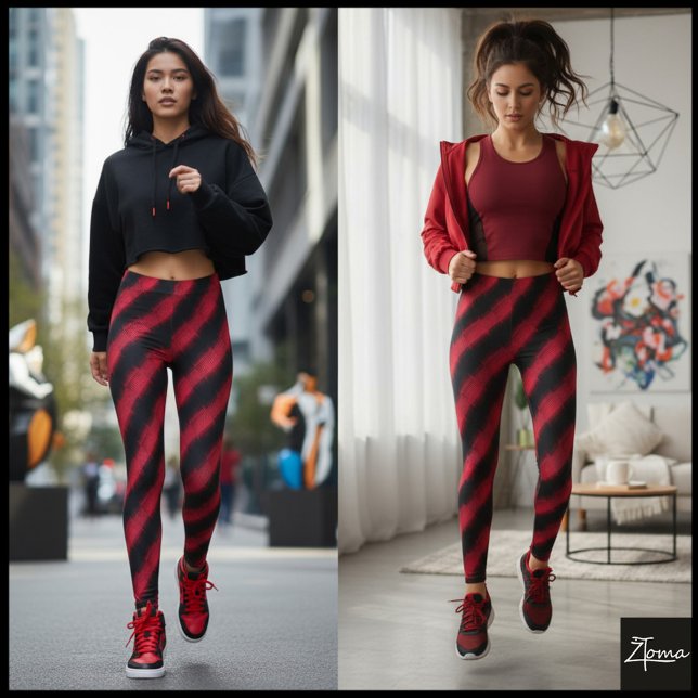 Black Red Glitch Cyber Diagonal Stripe Leggings (Creator Uploaded)