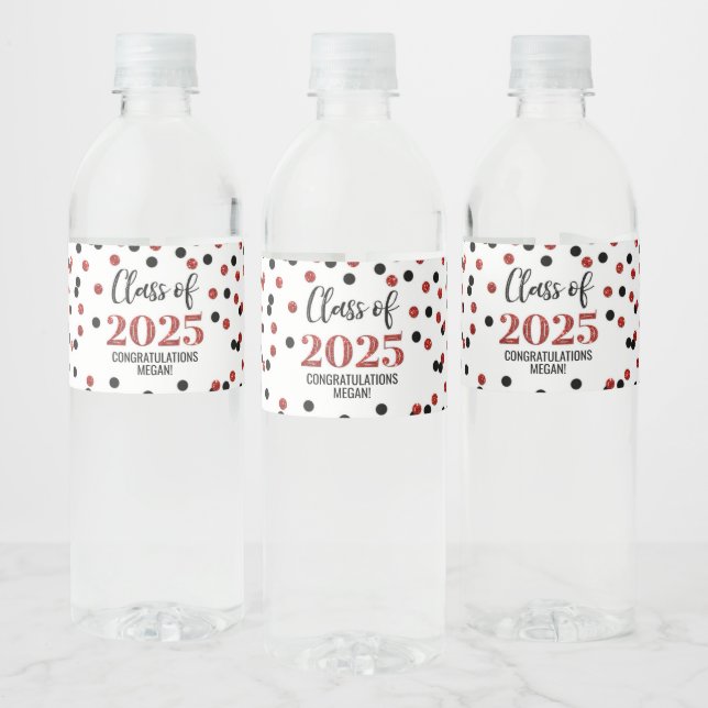 Black Red Glitter Class of 2025 Graduation Water Bottle Label (Bottles)