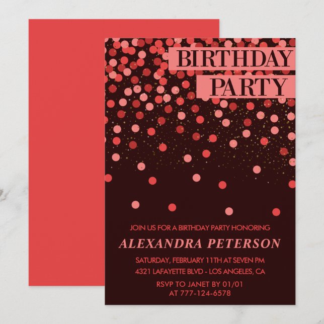 Black Red Glitter Confetti 56th birthday Invitation (Front/Back)