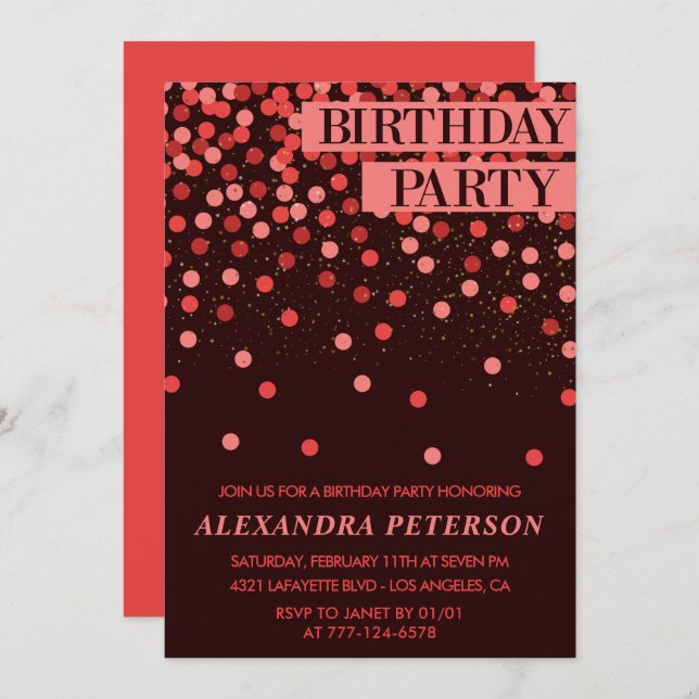 Black Red Glitter Confetti 73rd birthday Invitation (Front/Back)