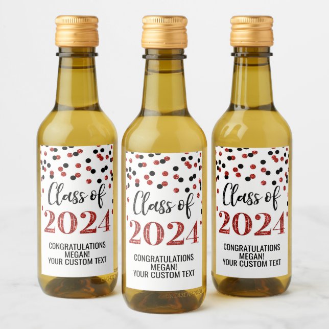 Black Red Glitter Confetti Graduation Wine Label (Bottles)